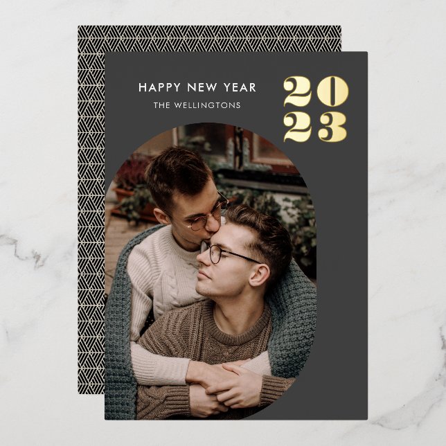 Happy New Year Modern Grey Black Photo Gold Foil Holiday Card (Front/Back)