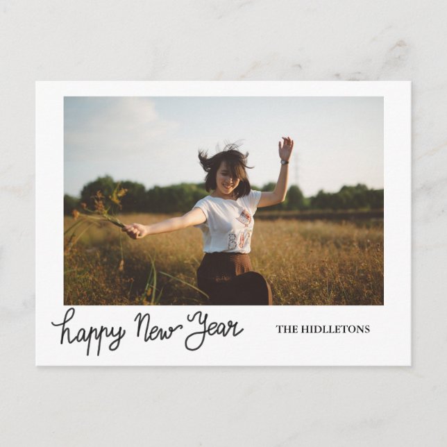 Happy New Year Modern Holiday Typography Photo Postcard (Front)