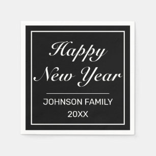 Happy New Year Modern Minimalist Black White Napkin