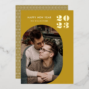 Happy New Year Modern Ochre Photo Gold Foil Holiday Card