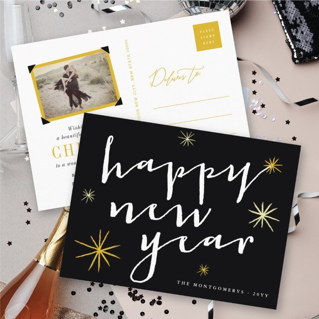 Happy New Year Modern Script Chic Gold Starburst Holiday Postcard (Happy New Year Modern Script Chic Gold Starburst Holiday Postcard @ fat_fa_tin)