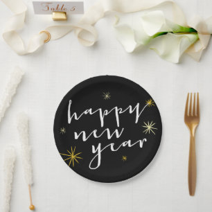 Happy New Year Modern Script Chic Gold Starburst Paper Plate