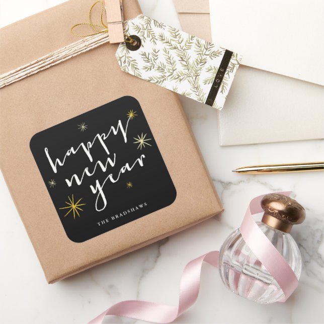 Happy New Year Modern Script Chic Gold Starburst Square Sticker (Gifting)