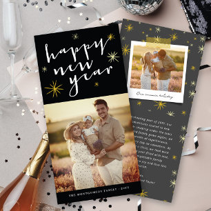 Happy New Year Modern Script Gold Starburst Photo Holiday Card