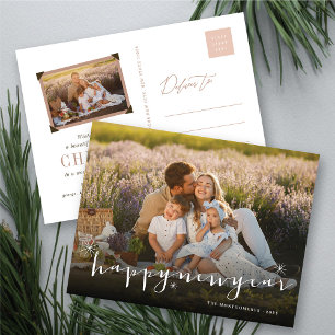 Happy New Year Modern Script Gold Starburst Photo Holiday Postcard