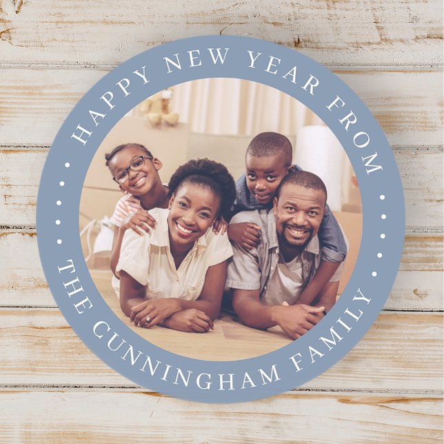 Happy New Year Modern Simple Chic Family Photo Classic Round Sticker (Creator Uploaded)