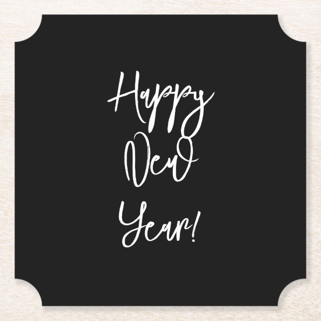Happy New Year! Modern Text Chic Black White Fun P Paper Coaster (Front)