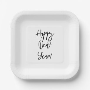 Happy New Year! Modern Text Chic Black White Fun Paper Plate