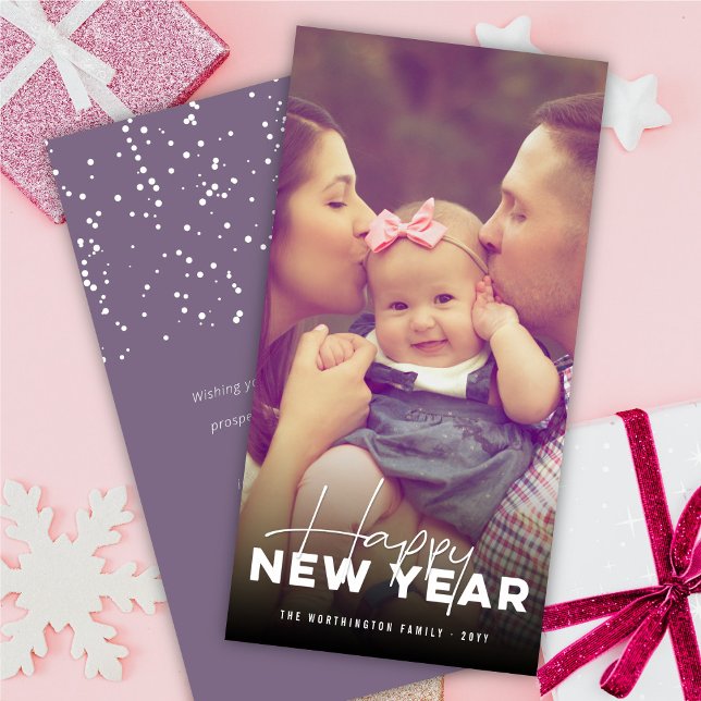 Happy New Year Modern Typography Minimal Photo Holiday Card (Creator Uploaded)