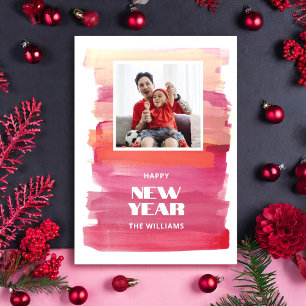Happy New Year Modern Watercolor Pink Christmas Holiday Card