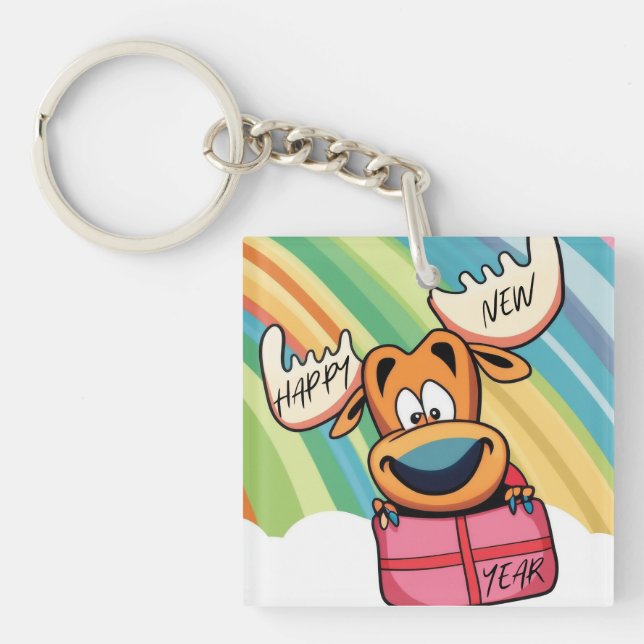 Happy New Year Moose - Festive Celebration Design Keychain (Front)