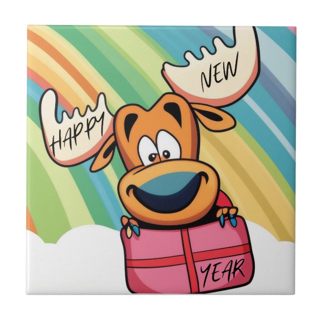 Happy New Year Moose - Festive Celebration Design Tile (Front)