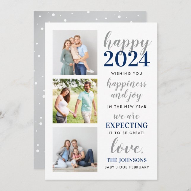 Happy New Year Navy and Silver Expecting in 2024 Holiday Card (Front/Back)