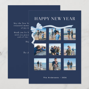 Happy New Year Navy Blue 9 Photo Bow Holiday Card