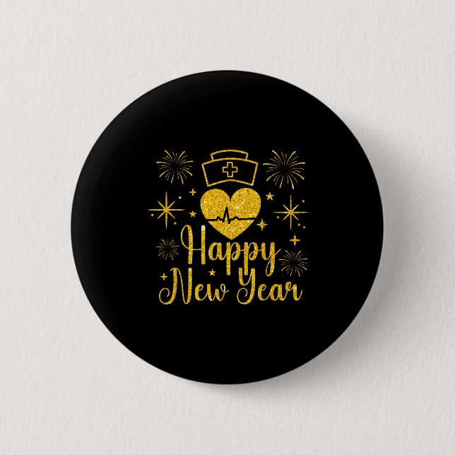 Happy New Year Nurses Heartbeat Fireworks New Year 2 Inch Round Button (Front)