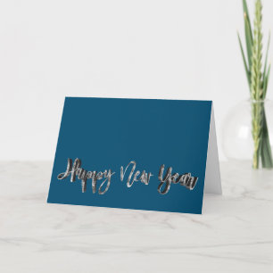 Happy New Year Ocean Blue Silver Gray Text Elegant Holiday Card