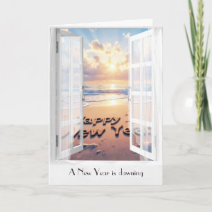 Happy New Year Ocean View In Window Card
