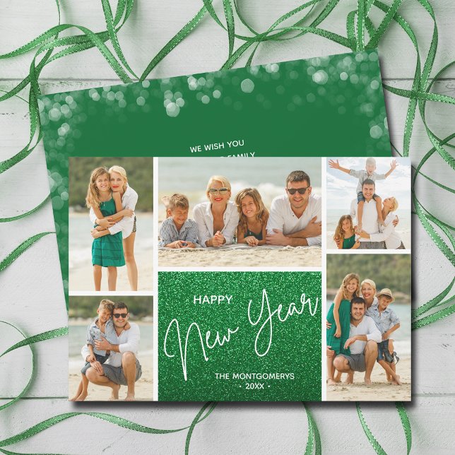 Happy New Year on Green Multi Photo Holiday Card (Happy New Year on Green Multi Photo Holiday Cards)