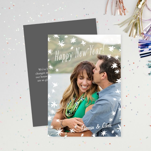 Happy New Year Painted Stars White Flat Photo Card (Creator Uploaded)