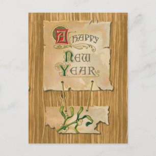 Happy New Year parchment & mistletoe on Faux bois Holiday Postcard