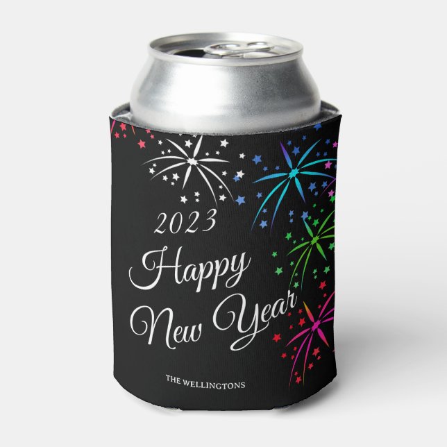Happy new year party colourful fireworks black can cooler (Can Front)