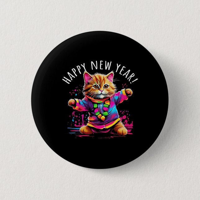 Happy New Year Party Dancing Cat Design  2 Inch Round Button (Front)