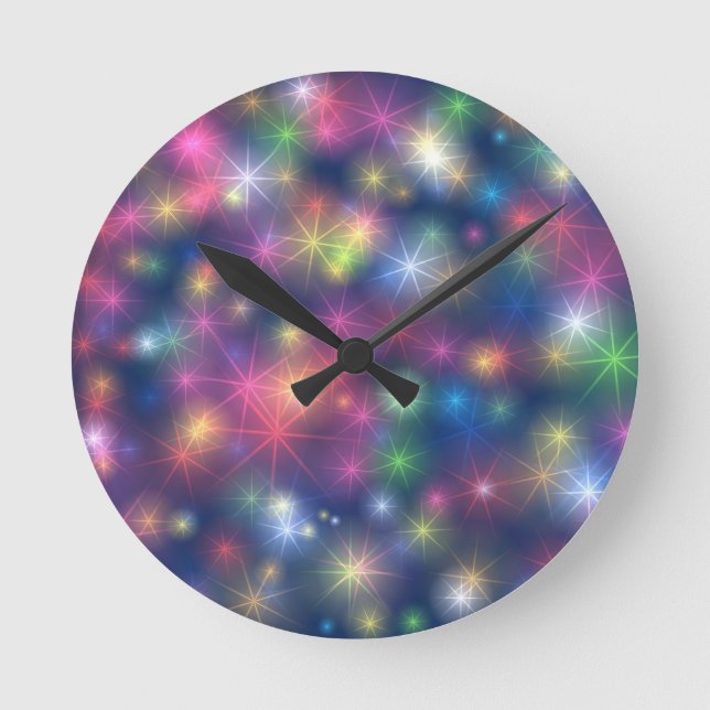Happy New Year Party Glitter Stars Round Clock (Front)