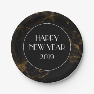 Happy New Year Party Gold Black Marble Paper Plate