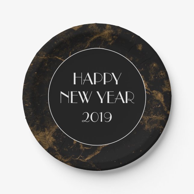 Happy New Year Party Gold Black Marble Paper Plate (Front)