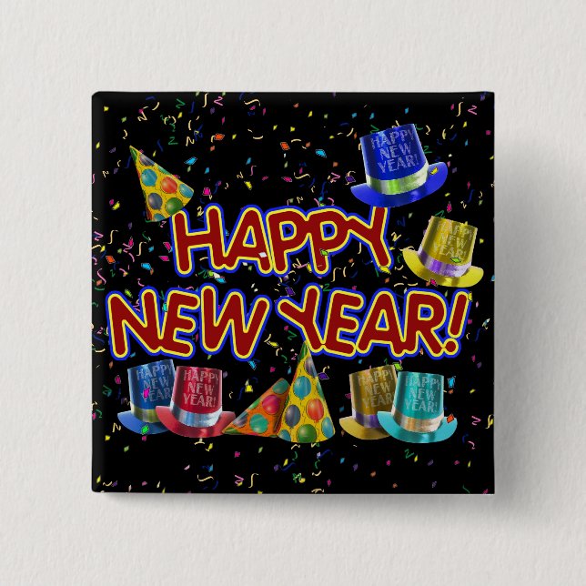 Happy New Year Party Hats 2 Inch Square Button (Front)
