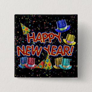 Happy New Year Party Hats 2 Inch Square Button