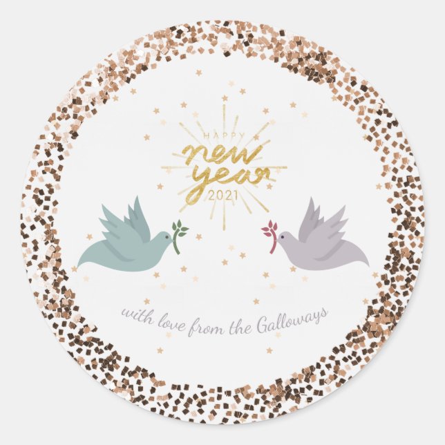 Happy New Year Peace Doves Glitter Monogram Classic Round Sticker (Front)
