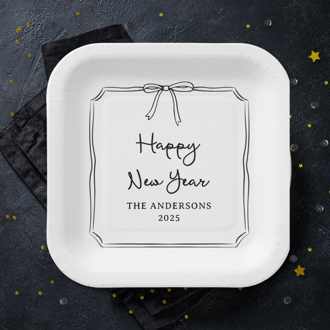 Happy New Year! Personalized Black & White Bow Paper Plate (Creator Uploaded)