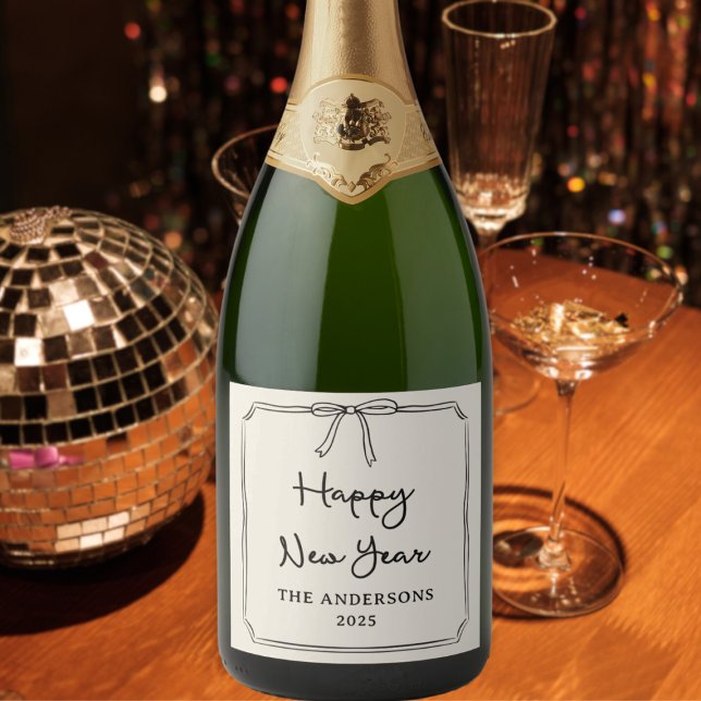 Happy New Year! Personalized Black & White Bow Sparkling Wine Label (Creator Uploaded)