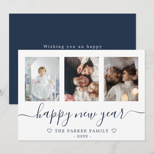Happy New Year Photo Collage Blue Card (Front/Back)