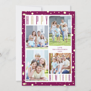 HAPPY NEW YEAR Photo Collage Pink Gold Confetti Holiday Card