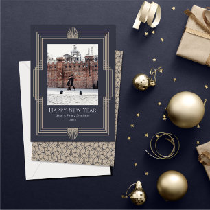 Happy New Year Photo Deco Navy Gold  Holiday Card
