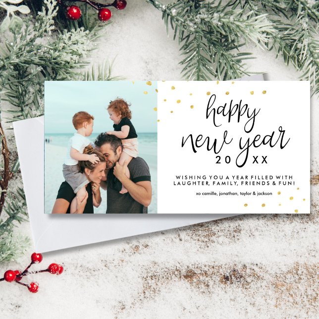 Happy New Year Photo Festive Chic Gold Confetti Holiday Card (Creator Uploaded)