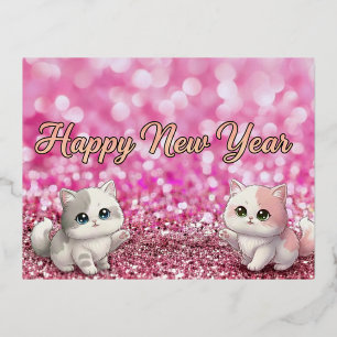 Happy New Year Pink Glitter Glam 2026 Postcad cat Foil Holiday Postcard