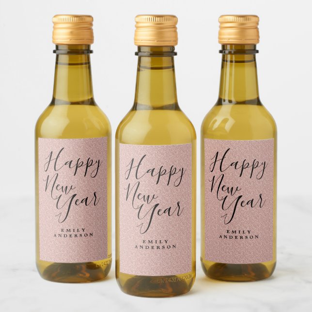 Happy New Year Pink Glitter Personalized Party Wine Label (Bottles)