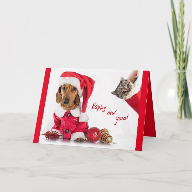 Happy new year post card with picture of pets. (Front)