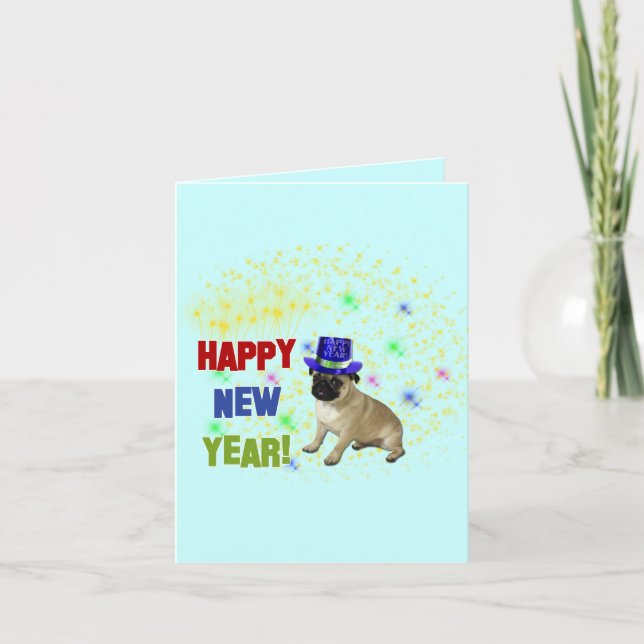Happy New Year Pug Greeting Card (Front)