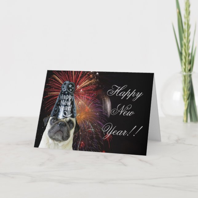 Happy New Year pug greeting card (Front)