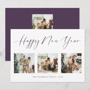 Happy New Year Purple Multi Photo Collage Holiday Card