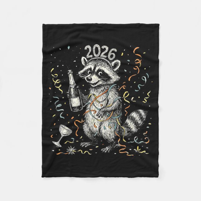 Happy New Year Raccoon With Champagne Funny New Ye Fleece Blanket (Front)