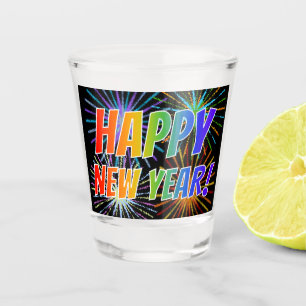 "HAPPY NEW YEAR!" Rainbow Text + Fireworks Pattern Shot Glass