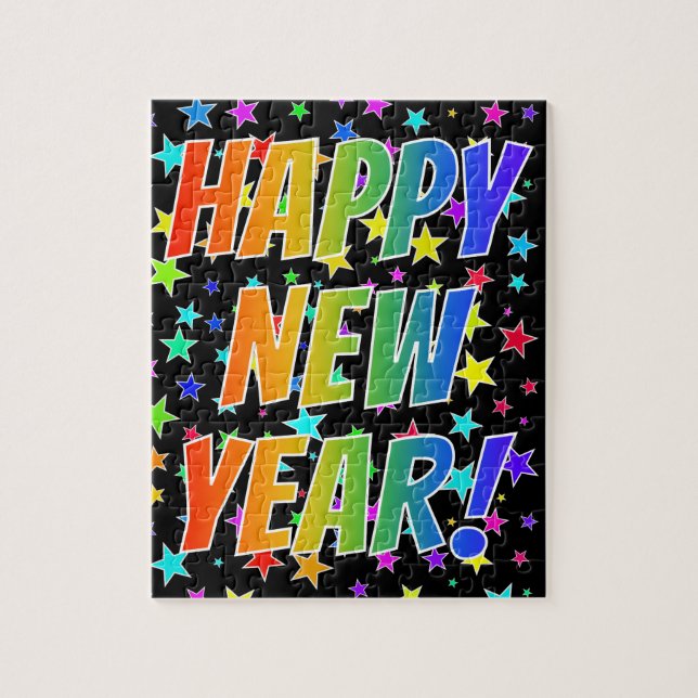 "HAPPY NEW YEAR!" Rainbow Text, Stars Pattern Jigsaw Puzzle (Vertical)