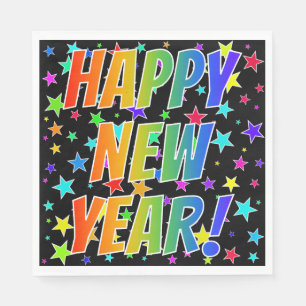 "HAPPY NEW YEAR!" Rainbow Text, Stars Pattern Napkin
