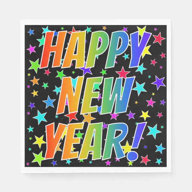 "HAPPY NEW YEAR!" Rainbow Text, Stars Pattern Napkin (Front)
