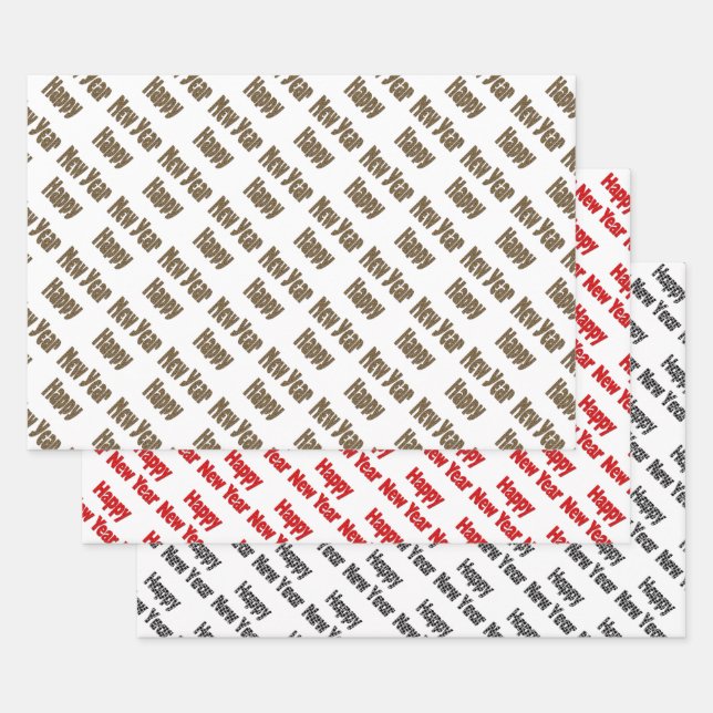 Happy New Year Red Black Yellow Text Wrapping Paper Sheet (Set)